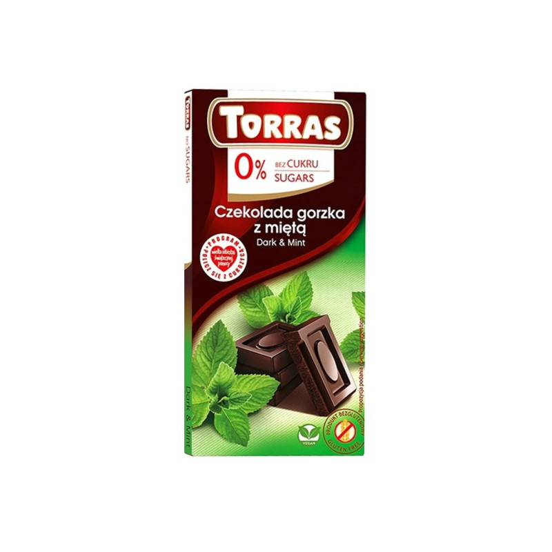 Dark Chocolate with Mint 75g, Sugar and Gluten Free, Torras