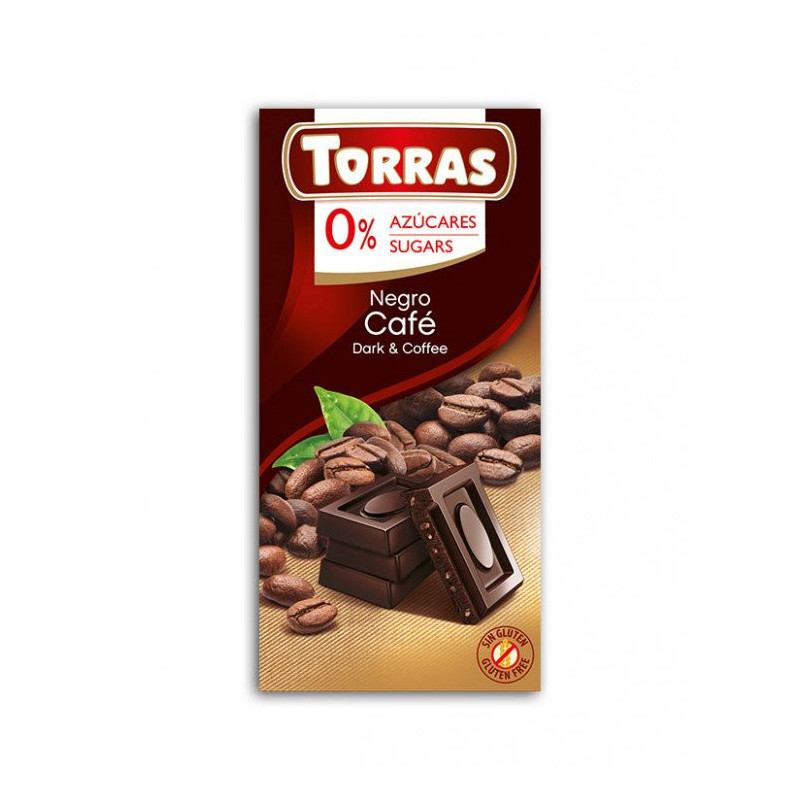 Dark Chocolate with Coffee Beans 75g, Sugar and Gluten Free, Torras